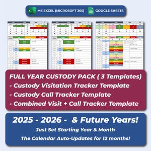 May include: A digital template for custody tracking, featuring a full-year pack with three templates. Includes visitation and call trackers, and a combined visit and call tracker. The calendar auto-updates for 12 months. Compatible with MS Excel and Google Sheets.