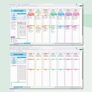 May include: Two digital weekly planner templates displayed on a computer screen. The planners feature a grid layout with sections for each day of the week, including space for tasks, events, and notes. The top of the planner reads "WEEKLY PLANNER".