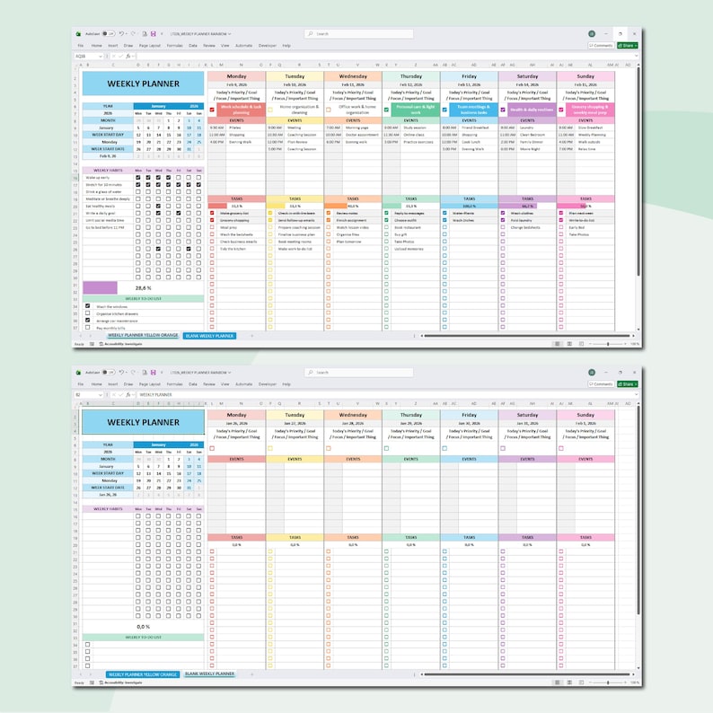 May include: Two digital weekly planner templates displayed on a computer screen. The planners feature a grid layout with sections for each day of the week, including space for tasks, events, and notes. The top of the planner reads "WEEKLY PLANNER".