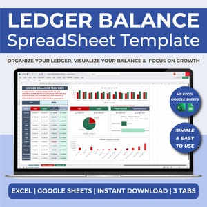 Puede incluir: Una pantalla de portátil muestra una plantilla de hoja de cálculo de saldo de libro mayor. La plantilla incluye gráficos y tablas para organizar las finanzas, con el texto "ORGANIZE YOUR LEDGER, VISUALIZE YOUR BALANCE & FOCUS ON GROWTH". Compatible con MS Excel y Google Sheets.