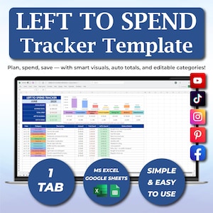 Left To Spend Tracker Template, Budget Spreadsheet Google Sheets, Excel Budget Planner, Monthly Expense Tracker, Spending Spreadsheet