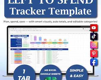 Left To Spend Tracker Template, Budget Spreadsheet Google Sheets, Excel Budget Planner, Monthly Expense Tracker, Spending Spreadsheet