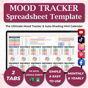 Könnte beinhalten: Eine digitale Mood-Tracker-Tabellenkalkulationsvorlage, die auf einem Laptop-Bildschirm angezeigt wird. Die Vorlage enthält einen Mini-Kalender und automatische Schattierungsfunktionen. Das Bild hebt auch wichtige Funktionen hervor: 2 Registerkarten, MS Excel/Google Sheets-Kompatibilität, einfach und leicht zu bedienen sowie monatliche und jährliche Verfolgung.