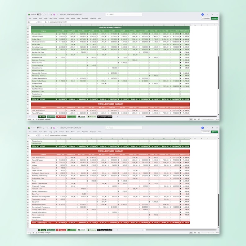Small Business Bookkeeping Spreadsheet, Income Expense Tracker, Profit Dashboard, Sales Tax, Excel Budget Template, Annual Monthly Overview