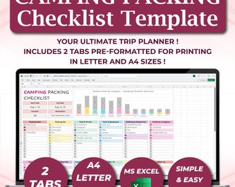Camping Packing List Spreadsheet Template, Excel Camping Checklist, Packing List Template, Camping and Hiking Packing, Outdoor Camping