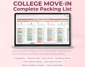 College Move In Packing List Spreadsheet | Dorm Room Checklist Tracker | Excel Google Sheets | College Packing List Spreadsheet Tracker