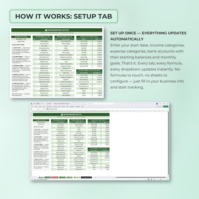 Small Business Bookkeeping Spreadsheet, Income Expense Tracker, Profit Dashboard, Sales Tax, Excel Budget Template, Annual Monthly Overview