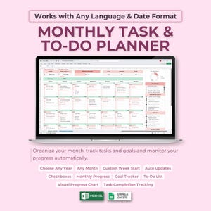 Op de afbeelding: Een laptop toont een maandelijkse taken- en to-do-planner met een roze en wit ontwerp. Het scherm toont een kalenderindeling, selectievakjes, een doeltracker en een takenlijst. De tekst op het scherm luidt "Works with Any Language & Date Format."