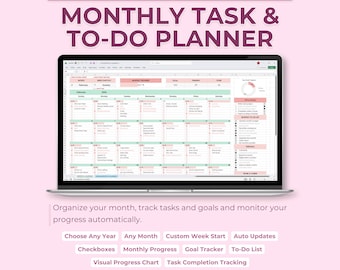 Monthly Task Planner Excel Google Sheets, To Do Calendar Spreadsheet, Goal Progress Tracker, Checklist Organizer, Reusable Month Template