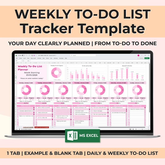 Weekly To-Do List Excel Template | Daily & Weekly To-Do Tracker | Automatic Progress Charts | Productivity Planner | Excel Spreadsheet