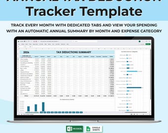 Business Expense & Tax Record Spreadsheet, Deduction Log for Freelancers, Annual Tax Planning Worksheet, Finance Tracker Excel Google Sheets