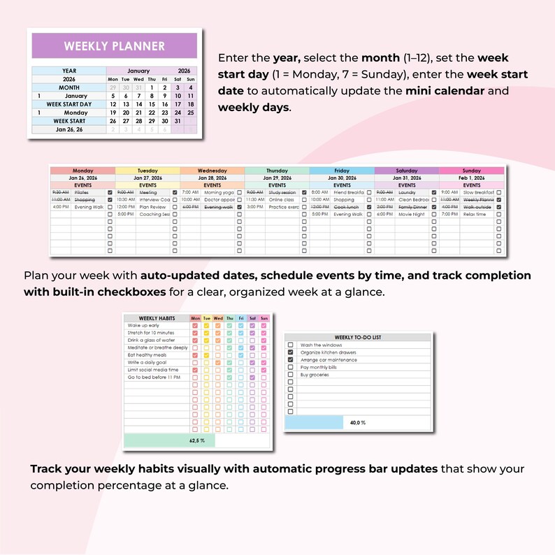 ADHD Weekly Planner Excel, Google Sheets Planner, Productivity Spreadsheet, Habit Tracker, To Do List, Focus Weekly Planner Template