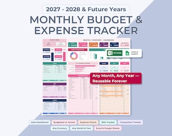 Monthly Budget Tracker Excel & Google Sheets | Paycheck Expense Planner, Bill Debt Savings Tracker