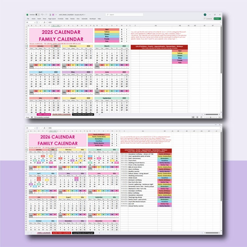 Family Calendar Excel Google Sheets Template, Birthday Calendar, Event Planner, Holiday Schedule, Family Trip Calendar, Annual Organizer