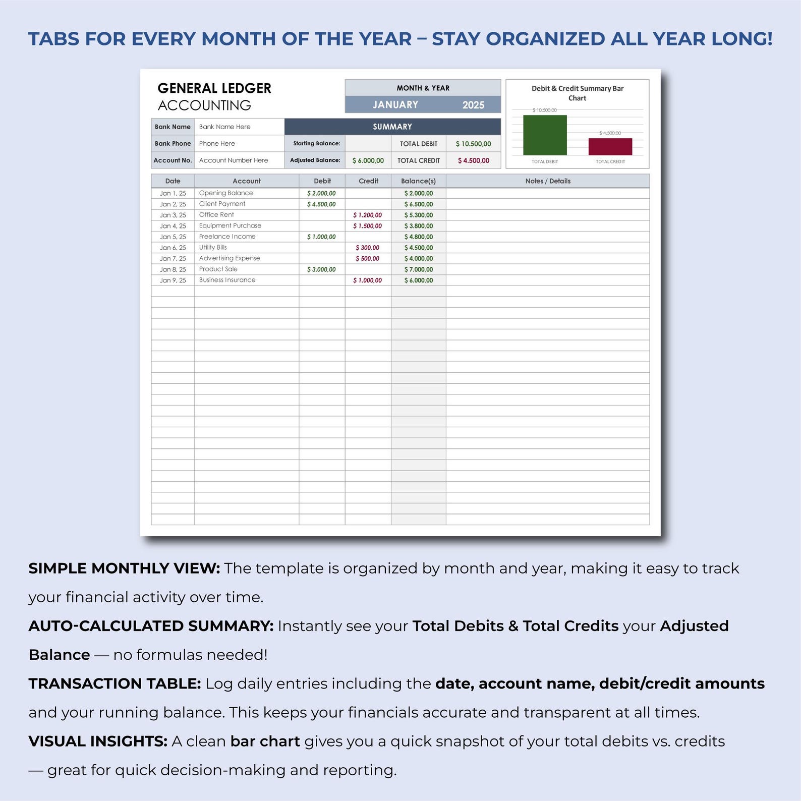 General Ledger Accounting Template, General Ledger Spreadsheet, Money ...