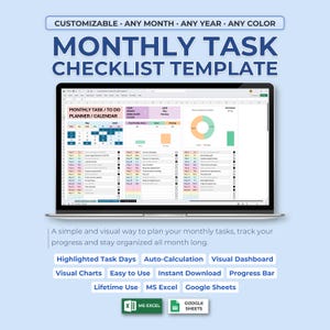 May include: A laptop screen shows a "Monthly Task Checklist Template" with a calendar and task list. The template is customisable for any month, year, and colour. Features include highlighted task days, auto-calculation, and a visual dashboard. Compatible with MS Excel and Google Sheets.