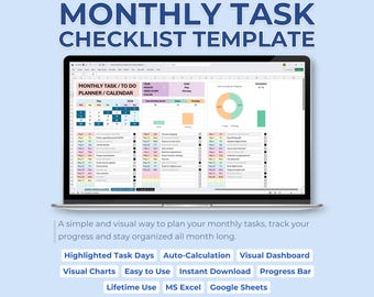 Monthly Task Checklist Template | To Do List Planner | Excel and Google Sheets | Mini Calendar | Progress Tracker | Customizable Colors