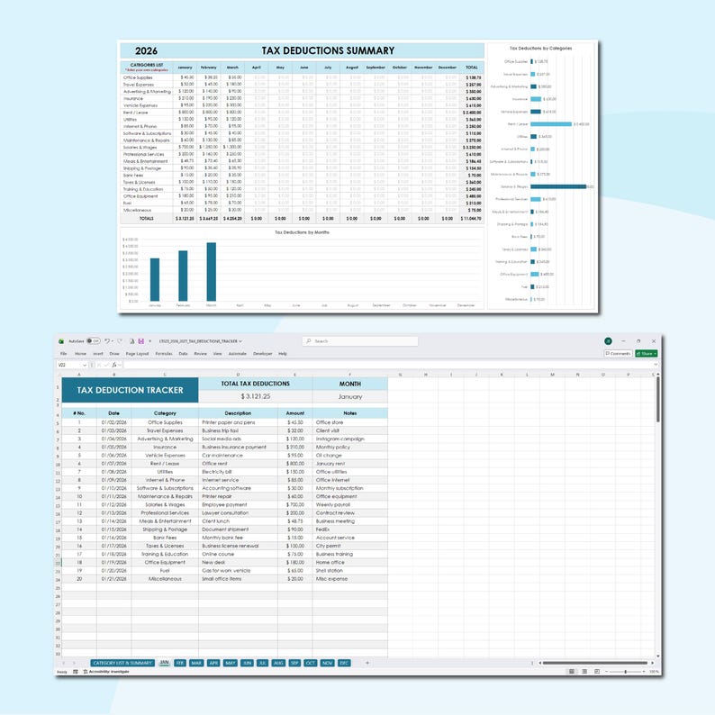 Business Expense & Tax Record Spreadsheet, Deduction Log for Freelancers, Annual Tax Planning Worksheet, Finance Tracker Excel Google Sheets