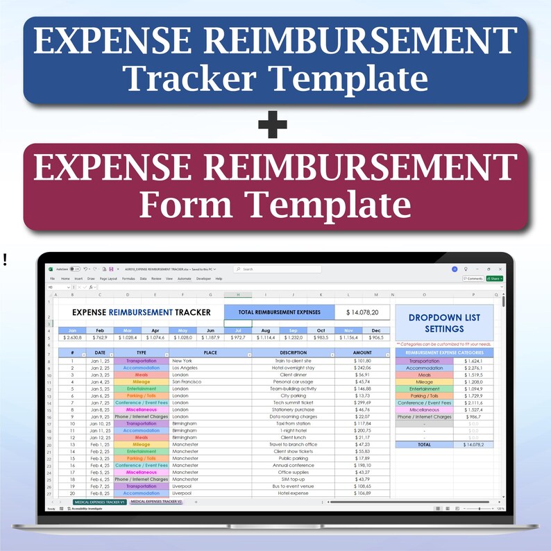 Travel Expense Log, Expense Reimbursement Tracker Spreadsheet Template, Employee Expense Report Template, Business Trip Expense Sheet