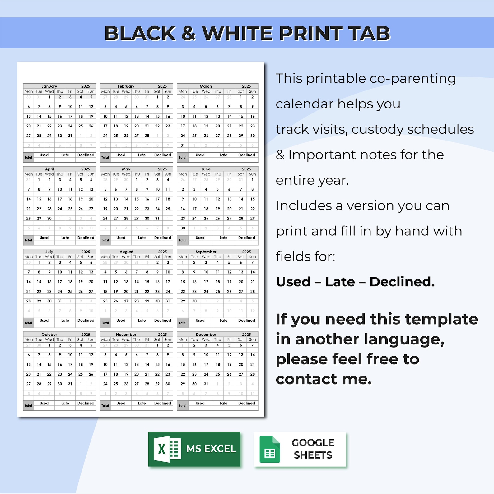 Parenting Time Documentation Calendar | Custody Compliance Tracker for ...