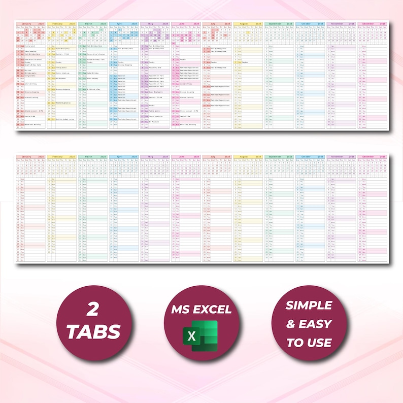Year at a Glance Calendar Template, Excel Yearly Planner, Auto Updating