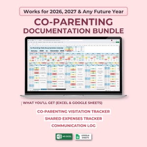 Op de afbeelding: Een laptop toont een co-ouderschap documentatiepakket, inclusief een kalender voor 2026. Het scherm toont een spreadsheet met kleurgecodeerde items. De tekst op de afbeelding luidt "Co-Parenting Visitation Tracker", "Shared Expenses Tracker" en "Communication Log".