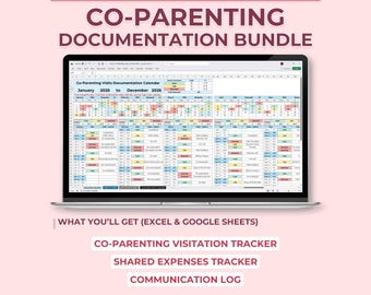 Co-Parenting Documentation Bundle, Custody Visitation Calendar, Shared Expenses Tracker, Communication Log, Excel Google Sheets Template