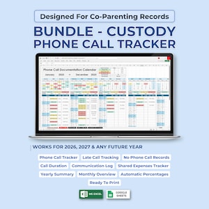 Op de afbeelding: Een laptopscherm toont een spreadsheet met de titel "BUNDLE - CUSTODY PHONE CALL TRACKER" voor co-ouderschapsrecords. De kalender beslaat januari tot december 2025, met functies als gespreksduur en gedeelde uitgaven. Compatibel met MS Excel en Google Sheets.