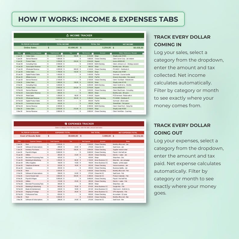 Small Business Bookkeeping Spreadsheet, Income Expense Tracker, Profit Dashboard, Sales Tax, Excel Budget Template, Annual Monthly Overview
