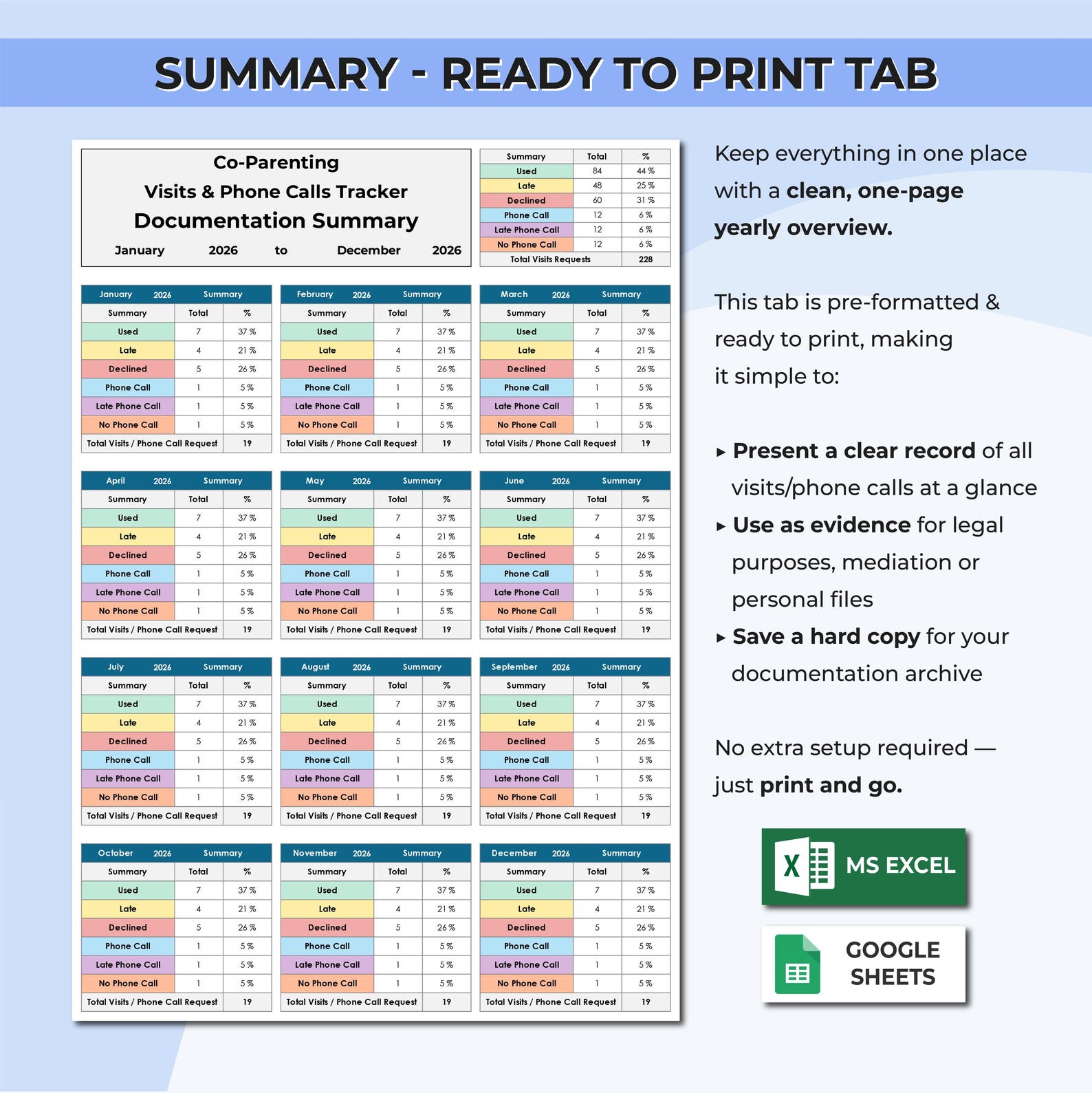 Parenting Time Documentation Calendar | Custody Compliance Tracker for ...