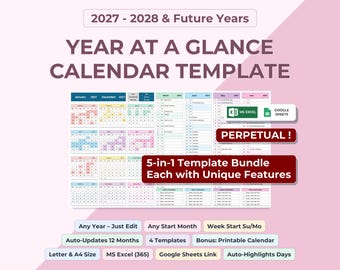 Excel Calendar Spreadsheet, Google Sheets Yearly Planner Template 2027 2028