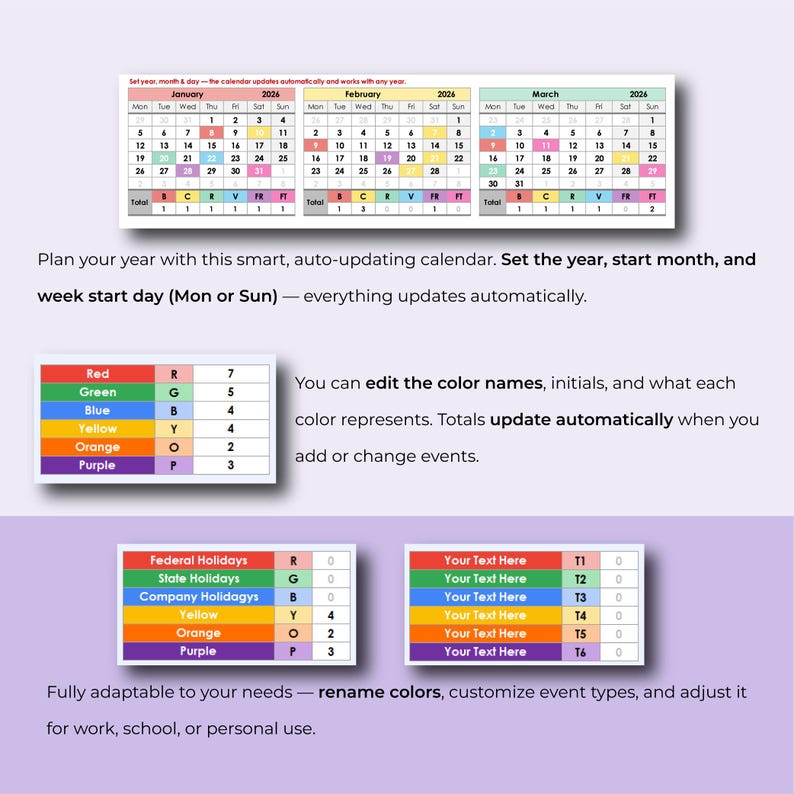 Family Calendar Excel Google Sheets Template, Birthday Calendar, Event Planner, Holiday Schedule, Family Trip Calendar, Annual Organizer