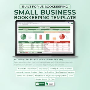 Small Business Bookkeeping Spreadsheet, Income Expense Tracker, Profit Dashboard, Sales Tax, Excel Budget Template, Annual Monthly Overview