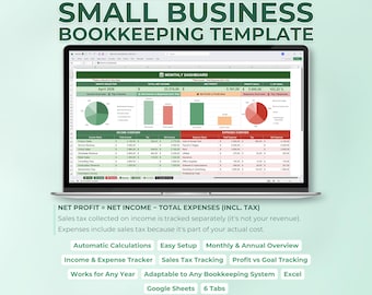 Small Business Bookkeeping Spreadsheet, Income Expense Tracker, Profit Dashboard, Sales Tax, Excel Budget Template, Annual Monthly Overview