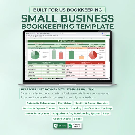 Small Business Bookkeeping Spreadsheet, Income Expense Tracker, Profit Dashboard, Sales Tax, Excel Budget Template, Annual Monthly Overview
