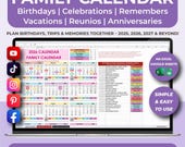 Family Calendar Excel Google Sheets Template, Birthday Calendar, Event Planner, Holiday Schedule, Family Trip Calendar, Annual Organizer