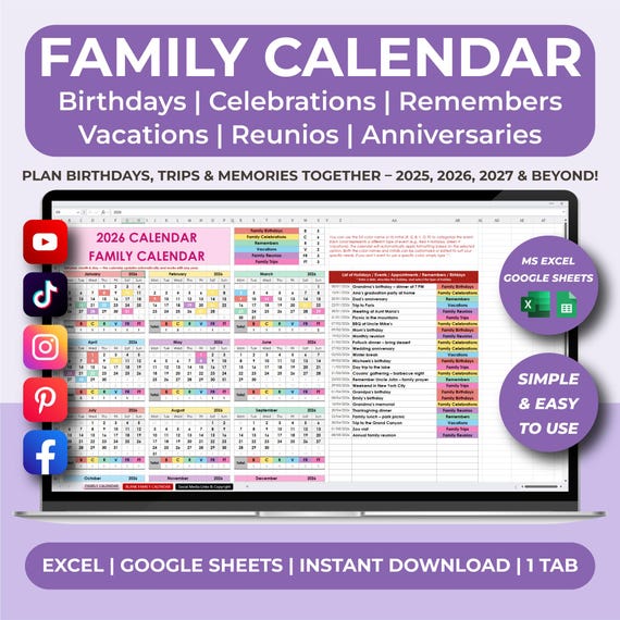Family Calendar Excel Google Sheets Template, Birthday Calendar, Event Planner, Holiday Schedule, Family Trip Calendar, Annual Organizer