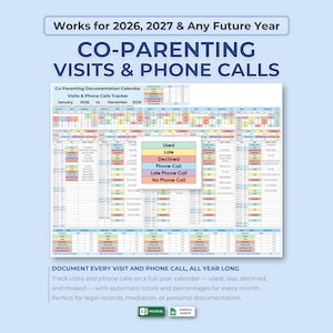 May include: A digital co-parenting documentation calendar and visits and phone calls tracker for 2026 and future years. The spreadsheet features monthly grids with color-coded status keys for used, late, declined, and missed calls or visits.