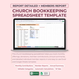 May include: A laptop screen displays a church bookkeeping spreadsheet template. The screen shows a detailed contribution report with columns for date, amount, and category. The template includes features for monthly contributions, member reports, and annual summaries.