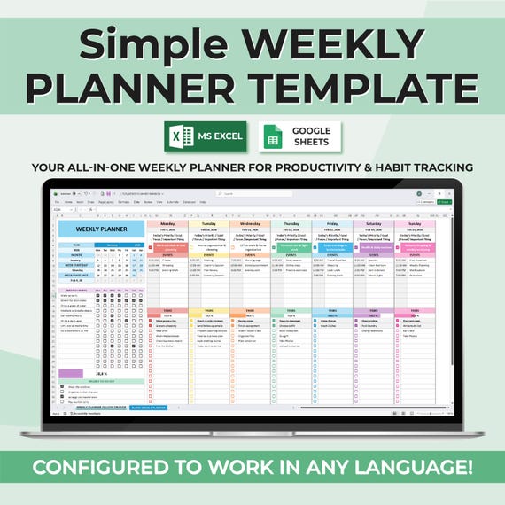 ADHD Weekly Planner Excel, Google Sheets Planner, Time Blocking Weekly Schedule, Focus Planner, Task Habit Tracker, Weekly Schedule Template