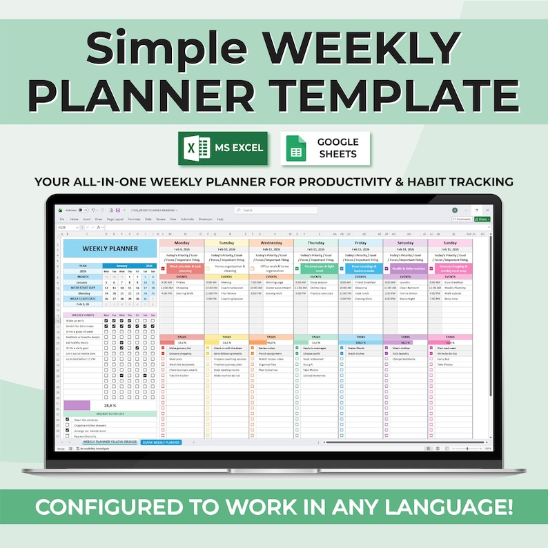 May include: A laptop screen displays a Simple Weekly Planner Template. The planner is designed for productivity and habit tracking, with sections for each day of the week. The template is configured to work in any language. MS Excel and Google Sheets icons are also visible.