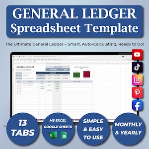 General Ledger Accounting Template, General Ledger SpreadSheet, Money Tracker,Bookkeeping Template, Editable EXCEL Google Sheets Template