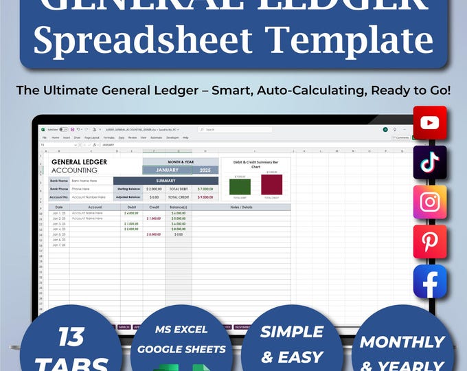 General Ledger Accounting Template, General Ledger Spreadsheet, Money ...