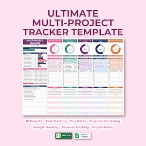 May include: An Ultimate Multi-Project Tracker template spreadsheet featuring a dashboard with progress charts, task lists, budget tracking, and project notes. The layout includes columns for project names, percentages, and financial data for ten projects.