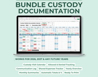 Divorce & Custody Organizer, Parenting Records Tracker, Visitation Log, Expense Splitter, Co-Parent Planner, Excel Google Sheets Template