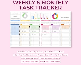 Task Tracker Spreadsheet | Weekly & Monthly To-Do List Planner | Excel Google Sheets Template