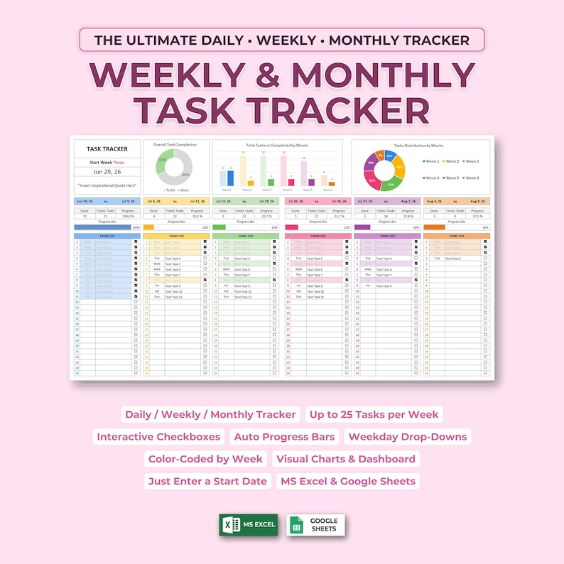 Task Tracker Spreadsheet | Weekly & Monthly To-do List Planner | Excel ...