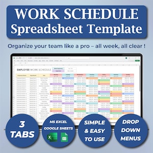 Può includere: Un modello di foglio di calcolo digitale per l'orario di lavoro visualizzato sullo schermo di un laptop. Il modello include un programma settimanale dei dipendenti con fasce orarie codificate a colori. L'immagine evidenzia anche funzionalità come 3 schede, compatibilità con MS Excel/Fogli Google e menu a tendina.