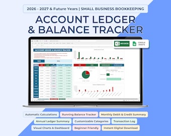 Account Ledger Spreadsheet Excel & Google Sheets | Small Business Bookkeeping, Debit Credit Running Balance Tracker