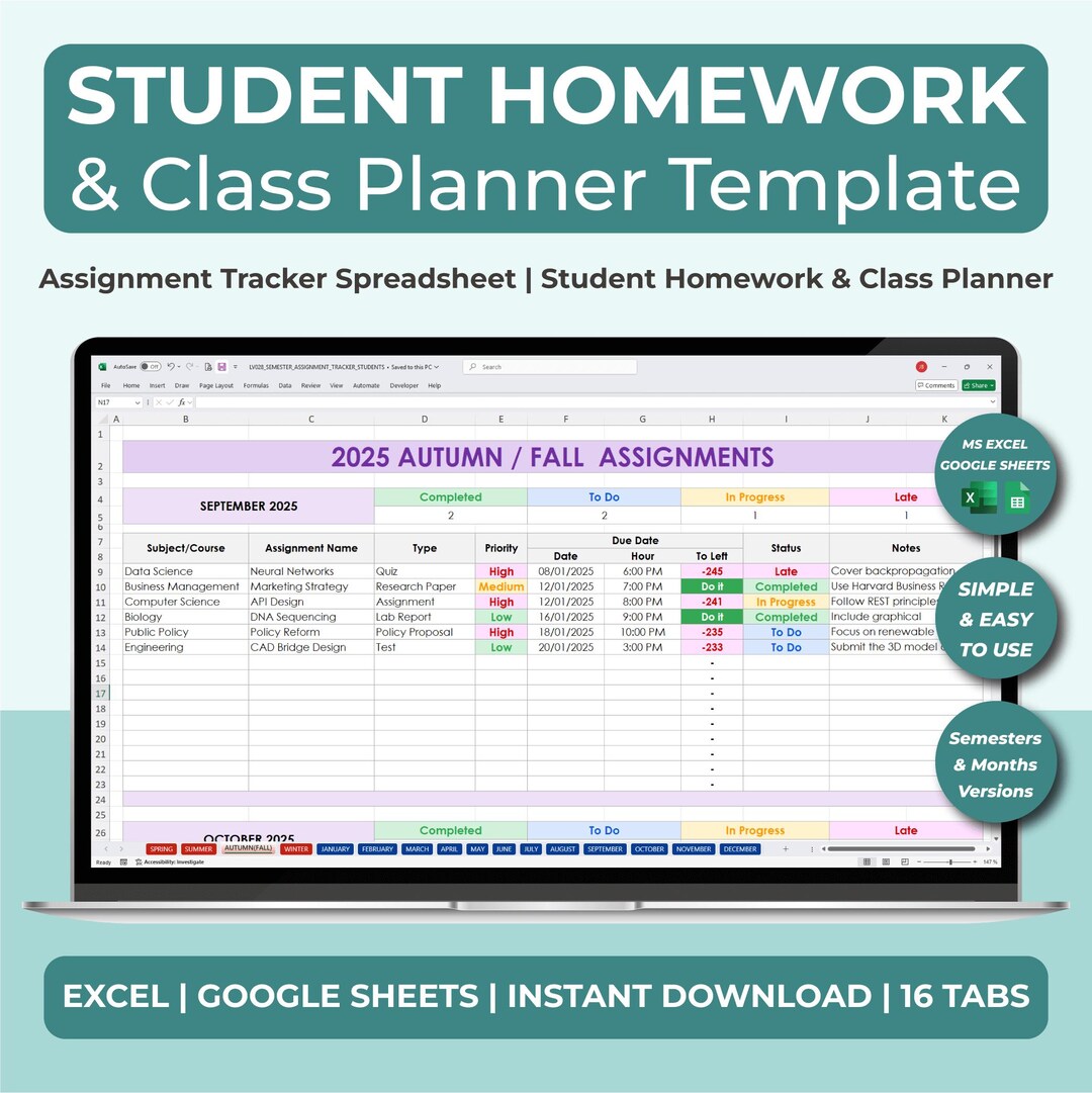 Student Assignment Tracker Spreadsheet, Homework Planner Template ...
